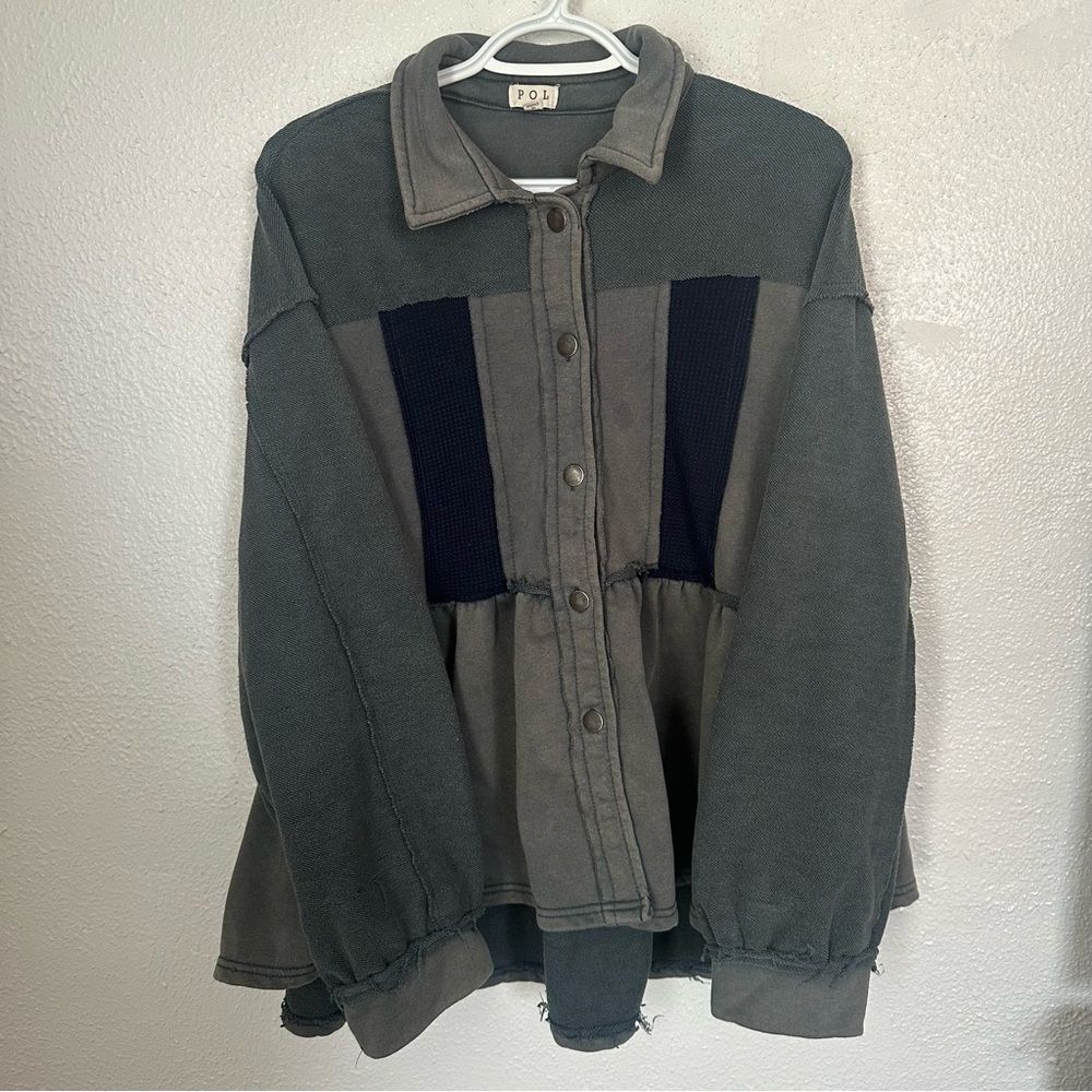 POL Large Patchwork Peplum Lightweight Jacket Shacket Army Green Distressed
